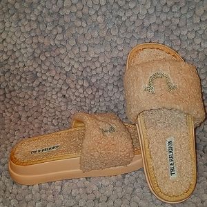 Blush pink True Religion Slides